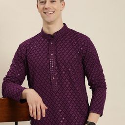 SWAGG INDIA Geometric Embroidered Mandarin Collar Sequinned Chikankari Kurta-picture-13