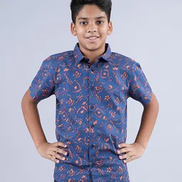 Kiddopanti Cotton Half Sleeves Abstract Floral Printed Shirt - Navy Blue-picture-17