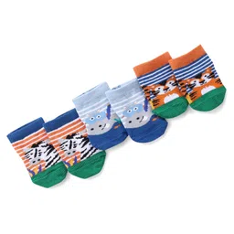 Cute Walk by Babyhug Anti Skid Ankle Length Antibacterial Knitted Striped & Animal Design Socks Pack Of 3 - Orange Blue & Green-picture-10