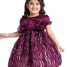 Babyhug Woven Puffed Sleeves Fit & Flared Sequined Ruffled Party Frock with Floral Applique - Wine image 1