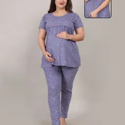 Fabme Sinker Half Sleeves Stars Printed Coordinating Maternity Top With Nursing Access & Pajama Set - Purple image 1