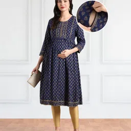 Bella Mama Woven Three Fourth Sleeves Maternity Kurta with Border Yoke & Floral Print - Navy Blue-picture-28