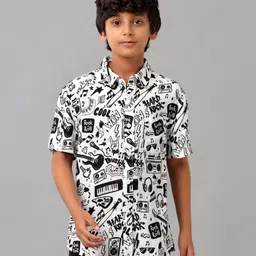 Under Fourteen Only Rayon Woven Half Sleeves Music Theme Printed Shirt - Black-picture-11