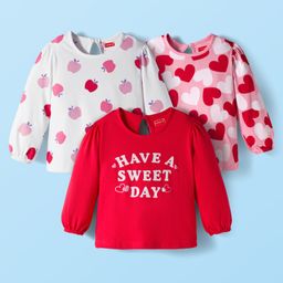 Babyhug 100% Cotton Knit Full Sleeves T-Shirts with Text Apple & Heart Print Pack of 3 - White Pink & Red-picture-40