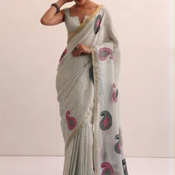 HERE&NOW Paisley Printed Pure Linen Saree With Blouse Piece-picture-36