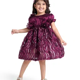 Babyhug Woven Puffed Sleeves Fit & Flared Sequined Ruffled Party Frock with Floral Applique - Wine image 2