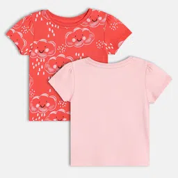 MINI KLUB Cotton Knit Pack Of 2 Half Sleeves Floral & Cloud Printed Tops - Red & Pink image 3