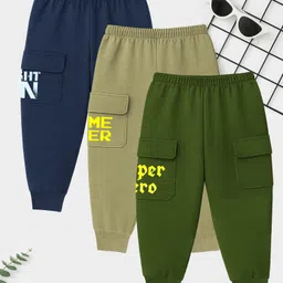 KUCHIPOO Cotton Blend Knit Pack Of 3 Typography Printed Cargo Track Pants - Beige Olive & Navy Blue image 3