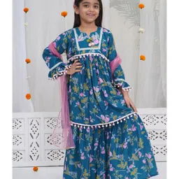Little Bansi Muslin Woven Full Bell Sleeves Floral Printed Gota Lace Embellished Kurti Sharara With Dupatta Set - Turquoise image 4