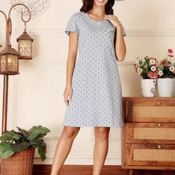 Bodycare Women Geometric Printed Round Neck Knee Length Pure Cotton Nightdress-image-82