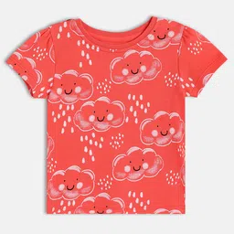 MINI KLUB Cotton Knit Pack Of 2 Half Sleeves Floral & Cloud Printed Tops - Red & Pink image 5