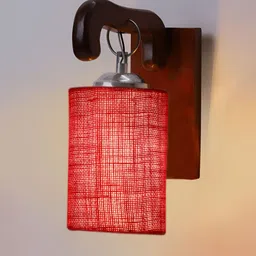 Devansh Maroon Wooden Cylinder Shaped Wall Lamp With Jute Shade image 2
