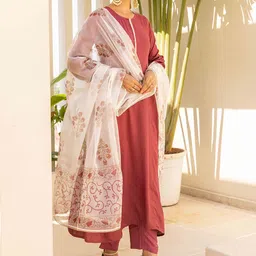 HERE&NOW Women Embroidered Regular Kurta with Trousers & With Dupatta image 5