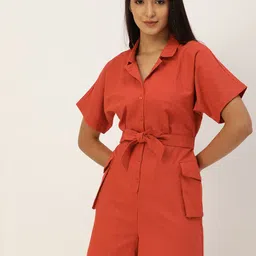 FOREVER 21 Rust Orange Waist Tie-Up Notched Lapel Styled Back Playsuit-image-30