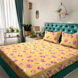 KLOTTHE Yellow Printed 400 TC Cotton King Bedsheet With 2 Pillow Covers - 2.50 x 2.25 m-picture-16
