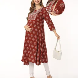 Bella Mama Three Fourth Sleeves Yoke Embroidered Maternity Kurta Floral Print - Maroon-picture-34