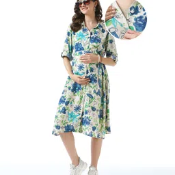 Bella Mama Woven Three Fourth Sleeves Maternity Shirt Dress with Side Pocket Floral Print -Off White-picture-26
