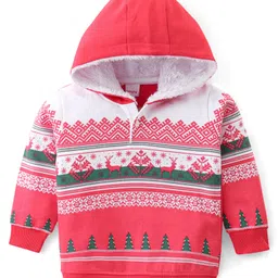 Babyhug Cotton Knit Full Sleeves Hooded Sweatshirt With Reindeer Design - Pink & White-picture-19