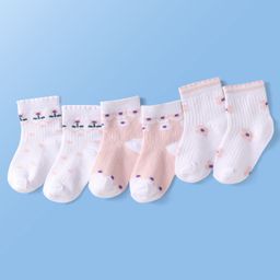 Doodle Poodle Cotton Knit Ankle Length Socks with Floral Design Pack of 3 - Bright White & Pink-picture-0