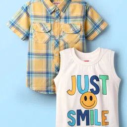 Babyhug 100% Cotton Half Sleeves Checks Shirt With Sleeveless Text Printed T-Shirt - Yellow & White-picture-29