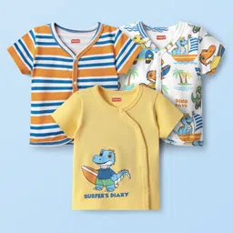 Babyhug 100% Cotton Knit Antibacterial Half Sleeves Striped & Dino Printed Front Open Vests Pack of 3 - Yellow White & Orange-picture-20