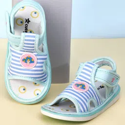 Cute Walk by Babyhug Striped Musical Sandals With Velcro Closure & Mushroom Patch - Light Blue image 1