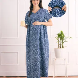 Bella Mama Cotton Woven Half Sleeves Maternity Kaftan Nursing Nighty With Floral Print - Blue-image-58