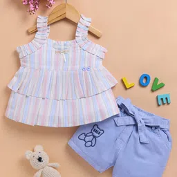 TOONYPORT Cotton Knit Sleeveless Striped Layered Top With Shorts Set - Multi Colour-picture-12