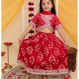 AJ Dezines Cotton Woven Sleeveless Floral Printed Gota Lace Embellished Coordinating Lehenga Choli With Dupatta Set - Red-picture-18