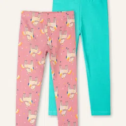 Ariel Cotton Knit Pack Of 2 Solid & Unicorn Printed Leggings - Orange & Turquoise Blue-picture-27