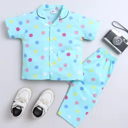 The Magic Wand Poplin Cotton Woven Half Sleeves Polka Dots Printed Coordinating Night Suit Set - Green-picture-15