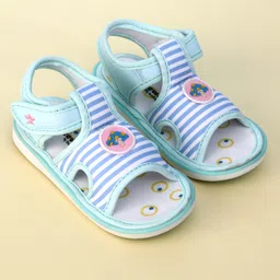 Cute Walk by Babyhug Striped Musical Sandals With Velcro Closure & Mushroom Patch - Light Blue image 2