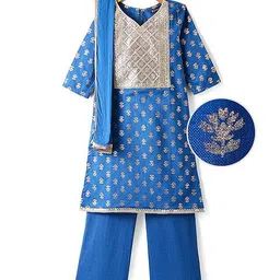Pine Kids Cotton Woven Half Sleeves Floral Printed Kurta Salwar Dupatta Set with Lace & Sequin Detailing - Navy Blue image 3