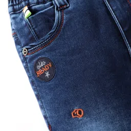 Olio Kids Woven Full Length Denim Jeans With Embroidery & Patch Detailing - Navy Blue image 3