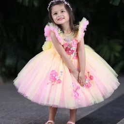 Li & Li Couture Satin Woven Frill Sleeves Pearl Embellished & Floral Applique Detailed Dress - Candy Yellow & Cotton Candy image 4