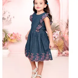 Tiny Twills Denim Woven Sleeveless Frill Detailed Floral Embroidered Dress - Denim Blue image 4