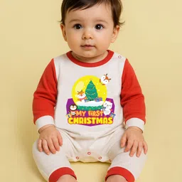 The Peppy Tend 100% Cotton Knit Christmas Theme Raglan Full Sleeves My First Christmas Text Printed Romper - White & Red image 4