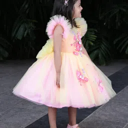 Li & Li Couture Satin Woven Frill Sleeves Pearl Embellished & Floral Applique Detailed Dress - Candy Yellow & Cotton Candy image 5