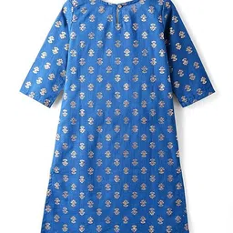 Pine Kids Cotton Woven Half Sleeves Floral Printed Kurta Salwar Dupatta Set with Lace & Sequin Detailing - Navy Blue image 5