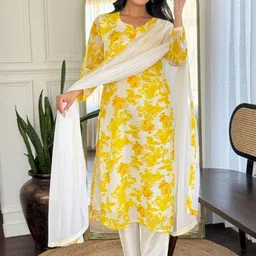 kalini Women's Georgette Printed Straight Kurta with Pant And Dupatta Sets image 3