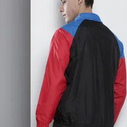The Indian Garage Co Men Blue & Black Colourblocked Windcheater Outdoor Open Front Jacket image 4