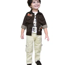 DOTSON Full Sleeves Berlin Embroidered Jacket With Half Sleeves Text Printed Tee And Jeans - Dark Brown-picture-26