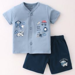 CUCUMBER Cotton Knit Half Sleeves Night Suit With Cow & Tractor Print - Blue-picture-14