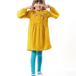 Babyhug Rayon Knit Full PeasantSleeves Floral Embroidered Frock with Bootie Leggings - Yellow & Light Blue-image-0