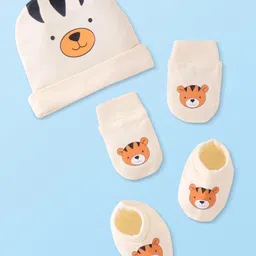 Babyoye 100% Cotton Interlock Knit With Eco - Jiva Finish Cap Mitten & Booties with Tiger Print - Marshmellow-image-16
