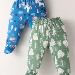 OHMS Single Jersey Knit Full Length Footed Leggings With Animal & Leaf Print Pack of 2 - Blue & Green-picture-19