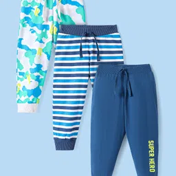 Babyhug Single Jersey Knit Full Length Lounge Pants with Stripes & Abstract Print Pack Of 3 - Blue & Navy Blue-picture-15