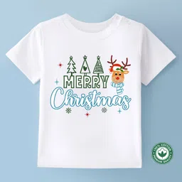 BLUSHES Christmas Theme 100% Cotton Half Sleeves Merry Christmas Text Printed Tee - White-picture-29