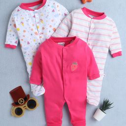 BUMZEE Cotton Knit Full Sleeves Footed Sleep Suits with Strawberry Print & Stripes Pack of 3 - Dark Pink & White-picture-11