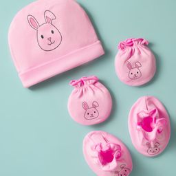Ben Benny 100% Cotton Knit Cap Mitten & Booties Set With Bunny Print Pink - Diameter 10 cm-picture-1